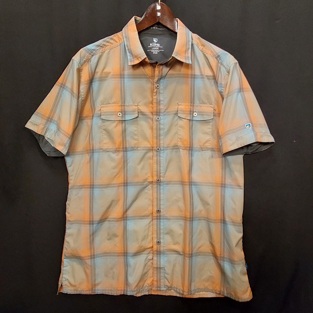 Kuhl Mens Short Sleeve Plaid Button Down Shirt Orange Blue Large 7159